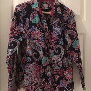 Chicos Shirt 0 Small Women Vibrant Floral Paisley No Iron Chic Stretch Flip Cuff
